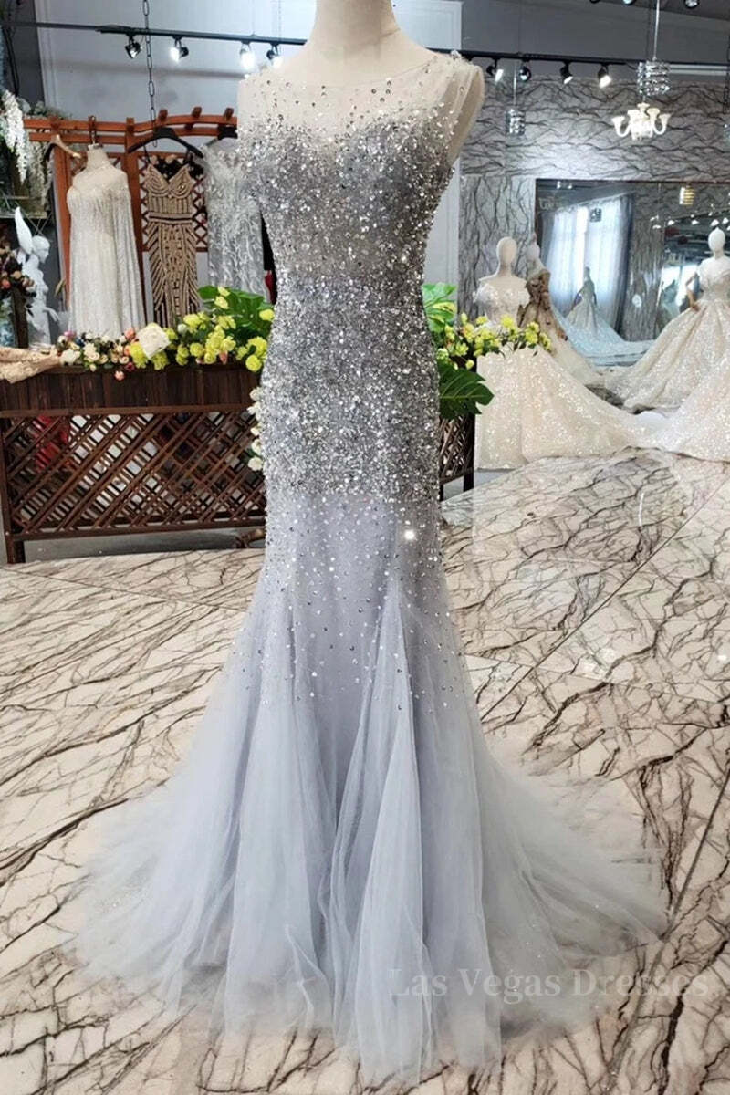 Gorgeous Mermaid Backless Silver Grey Sequins Prom Dress, Mermaid Silver Grey Formal Dress, Shiny Silver Grey Evening Dress