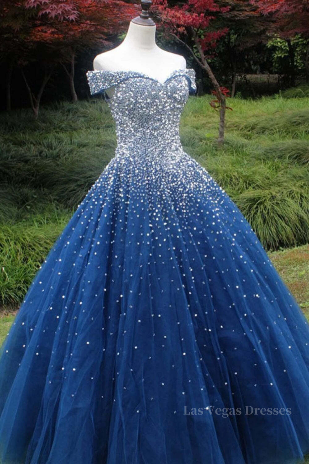 Gorgeous Off Shoulder Sequins Blue Long Prom Dress, Shiny Sequins Blue Formal Evening Dress, Blue Ball Gown