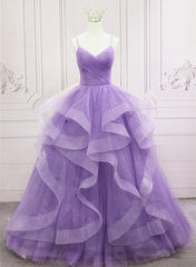 Gorgeous Purple Straps Layers Tulle V-neckline Long Evening Dress, Light Purple Prom Dresses
