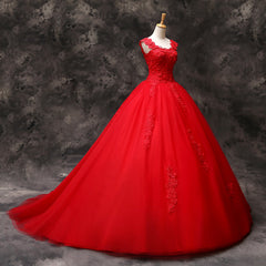 Gorgeous Red Tulle Ball Gown Long Formal Dress with Lace Flowers, Red Sweet 16 Dresses