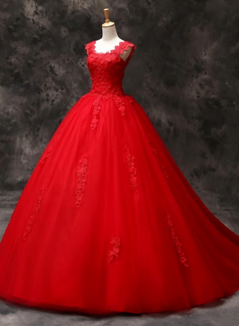 Gorgeous Red Tulle Ball Gown Long Formal Dress with Lace Flowers, Red Sweet 16 Dresses