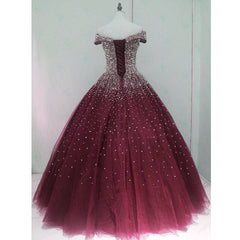 Gorgeous Sparkle Burgundy Off Shoulder Sweet 16 Gown, Burgundy Prom Dress