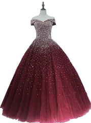 Gorgeous Sparkle Burgundy Off Shoulder Sweet 16 Gown, Burgundy Prom Dress