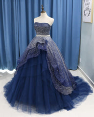 Gorgeous Tulle Strapless Beaded Long Layered Evening Dress, Blue Formal Dress Prom Dress