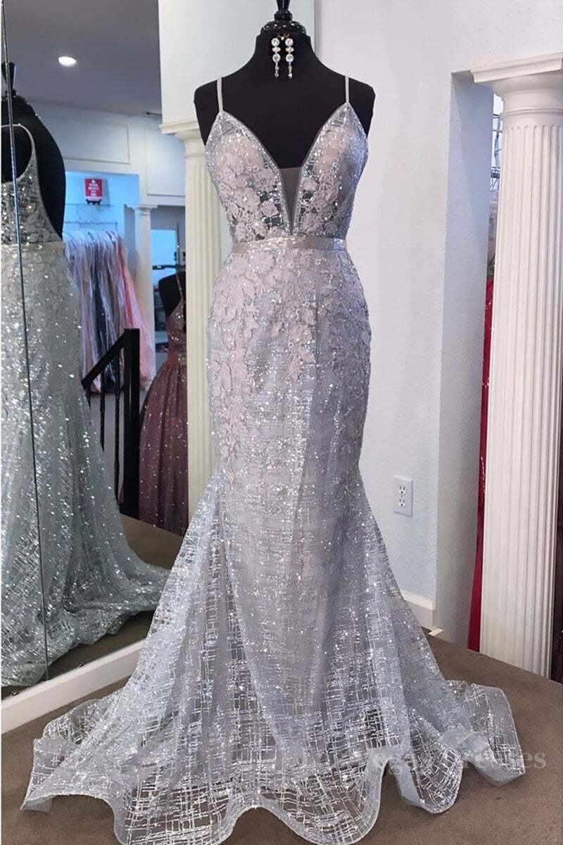 Gorgeous V Neck Mermaid Backless Silver Gray Prom Dress, Mermaid Silver Gray Formal Dress, Backless Silver Gray Evening Dress