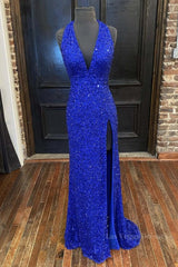 Gorgeous V Neck Mermaid Blue Sequins Long Prom Dress, Mermaid Blue Formal Dress, Blue Evening Dress