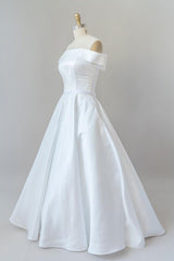 Graceful Long Ball Gown Off Shoulder Satin Wedding Dress