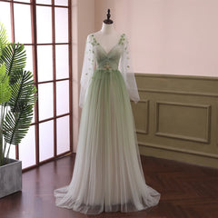 Gradient Tulle Green Beaded Long Sleeves Party Dress, Green Formal Dress