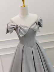 Gray A-Line Satin Long Prom Dress, Gray Formal Evening Dress