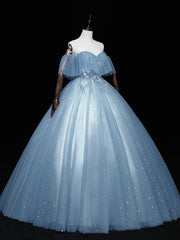 Gray Blue Tulle Off Shoulder Long Prom Dress, Blue Tulle Formal Dresses
