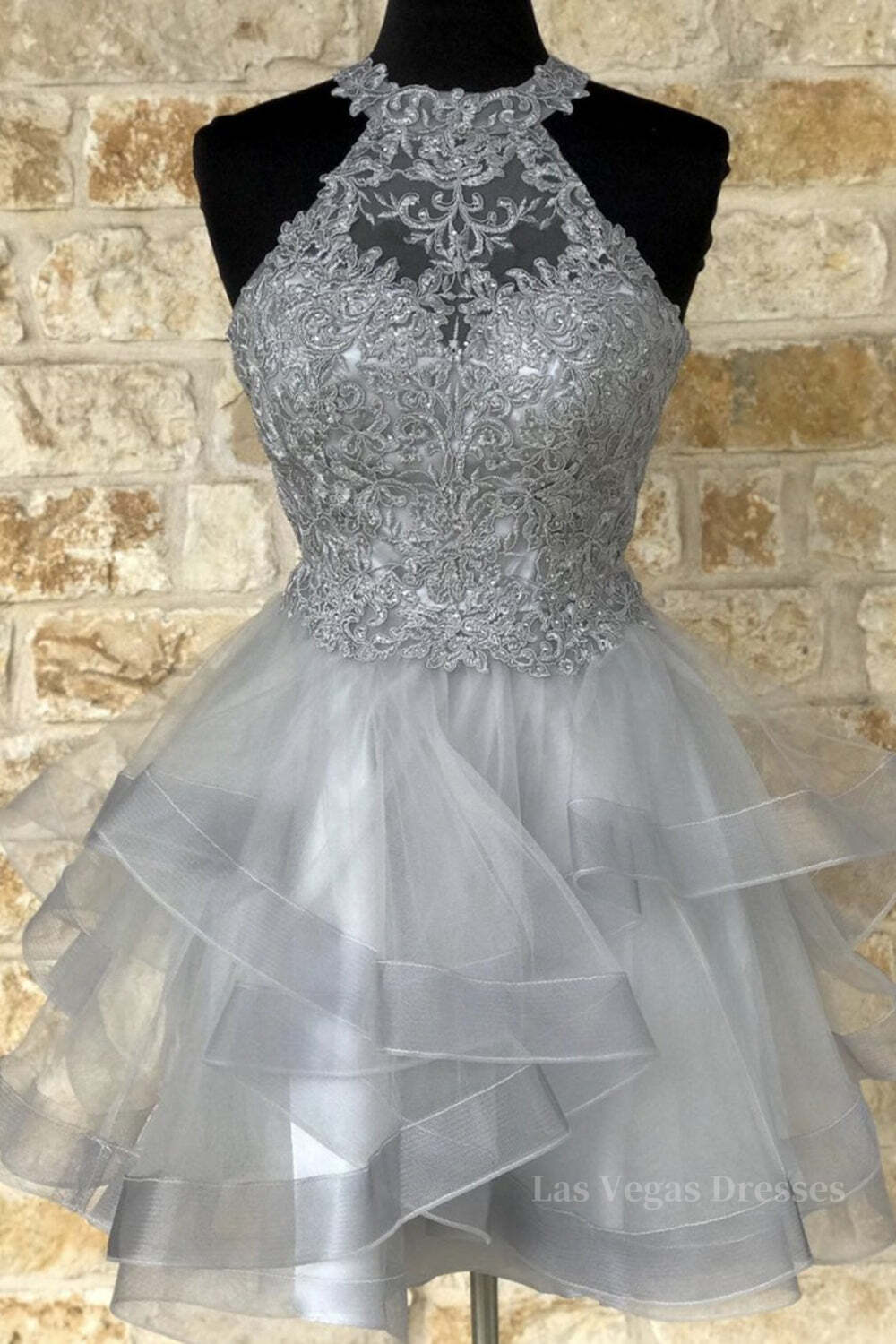 Gray Lace Short Prom Dresses, Fluffy Gray Lace Homecoming Dresses, Gray Formal Evening Dresses