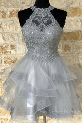 Gray tulle lace high neck short prom dress gray homecoming dress