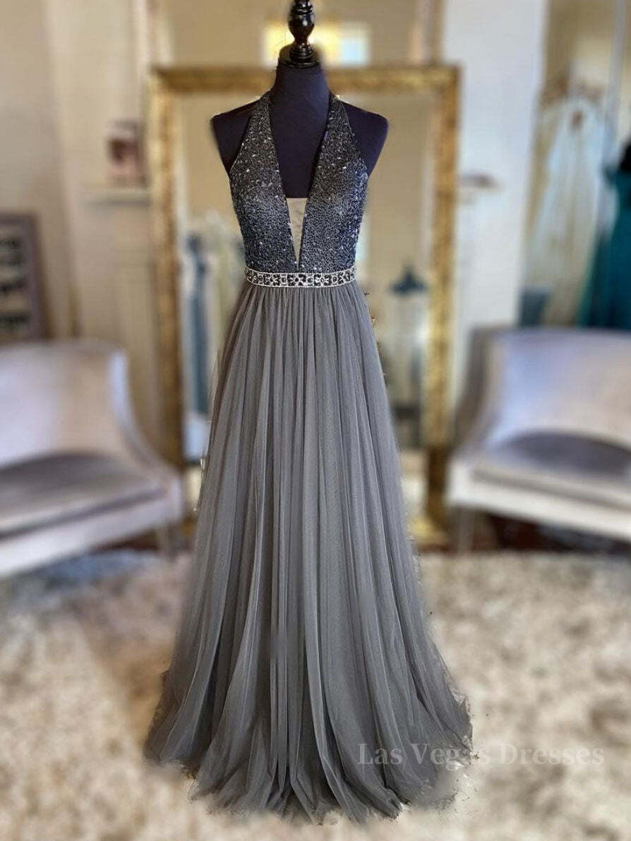 Gray v neck tulle beads long prom dress, gray tulle formal dress