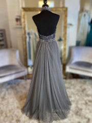 Gray v neck tulle beads long prom dress, gray tulle formal dress