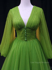 Green A Line Long Prom Dresses, V Neck Green Tulle Long Formal Evening Dresses