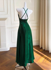 Green A-line Soft Satin Cross Back Evening Dress, Green Prom Dress Party Dress
