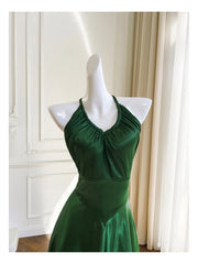 Green A-line Soft Satin Cross Back Evening Dress, Green Prom Dress Party Dress