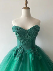 Green Ball Gown Tulle Off Shoulder with Lace Applique, Green Sweet 16 Dress Party Dress