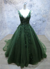 Green Beaded and Lace V-neckline Low Back Long Party Dresses, Green Evening Dress Party Dresses