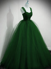 Green Beaded Tulle Off Shoulder Long Party Dress, Green Tulle A-line Prom Dress