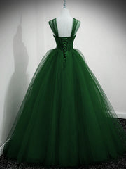Green Beaded Tulle Off Shoulder Long Party Dress, Green Tulle A-line Prom Dress
