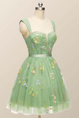 Green Floral A-line Short Princess Dress with Square Neck