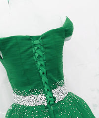 Green Off Shoulder Tulle Beaded A-line Formal Dress, Green Floor Length Long Prom Dress