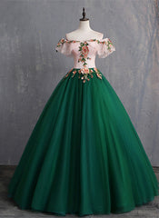 Green Off Shoulder Tulle with Lace Formal Gown, Green Evening Sweet 16 Dresses