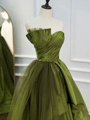 Green Ruffle Tiered Prom Dresses Strapless, Green Long Party Dress