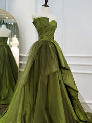 Green Ruffle Tiered Prom Dresses Strapless, Green Long Party Dress