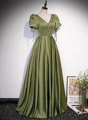 Green Satin A-line Puffy Sleeves A-line Prom Dress, V-neck Simple Long Formal Party Gown