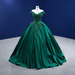 Green Satin Beaded Off Shoulder Long Formal Gown, Green Sweet 16 Dresses