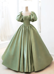 Green Satin Puffy Sleeves Long Formal Dress, Green Satin Prom Dress Party Dress