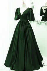 Green Satin Short Sleeves Long Party Dress, Green Floor Length Evening Dress Prom Dress