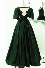 Green Satin Short Sleeves Long Party Dress, Green Floor Length Evening Dress Prom Dress