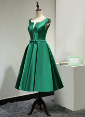 Green Satin Tea Length Bridesmaid Dress, Lovely Green Homecoming Dress