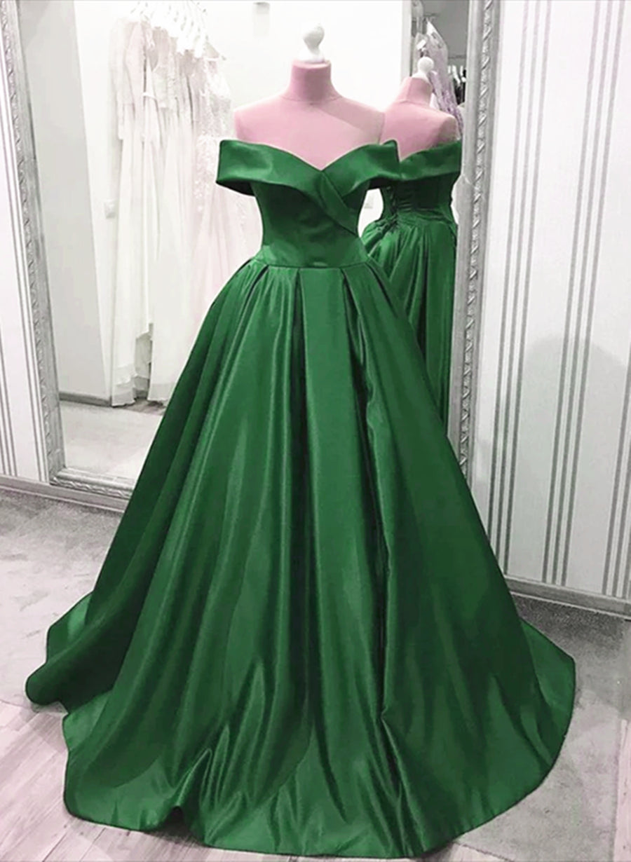 Green Sweetheart A-line Satin Floor Length Prom Dress, Green Evening Dress