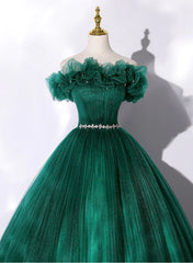 Green Tulle Beaded Waist Ball Gown Sweet 16 Dress, Off Shoulder Green Prom Dress