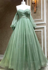 Green Tulle Puffy Sleeves A-line Formal Dresses, Green Long Evening Gown