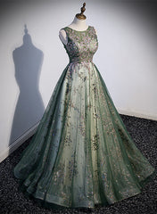 Green Tulle Round Neckline Long Party Dress, Green Lace Prom Dress
