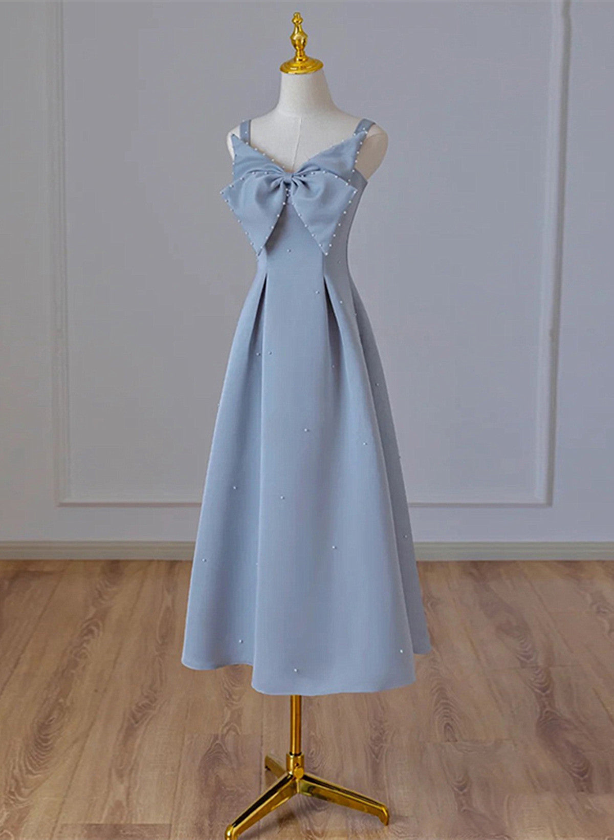 Grey Blue Tea Length Satin Straps Formal Dress, A-line Wedding Party Dress