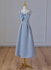 Grey Blue Tea Length Satin Straps Formal Dress, A-line Wedding Party Dress