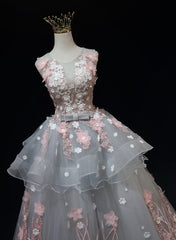 Grey Flowers Round Neckline Tulle with Lace Party Dress, Grey Sweet 16 Dress