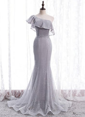 Grey One Shoulder Lace-up Shiny Long Prom Dress Party Dress, Grey Long Evening Dresses