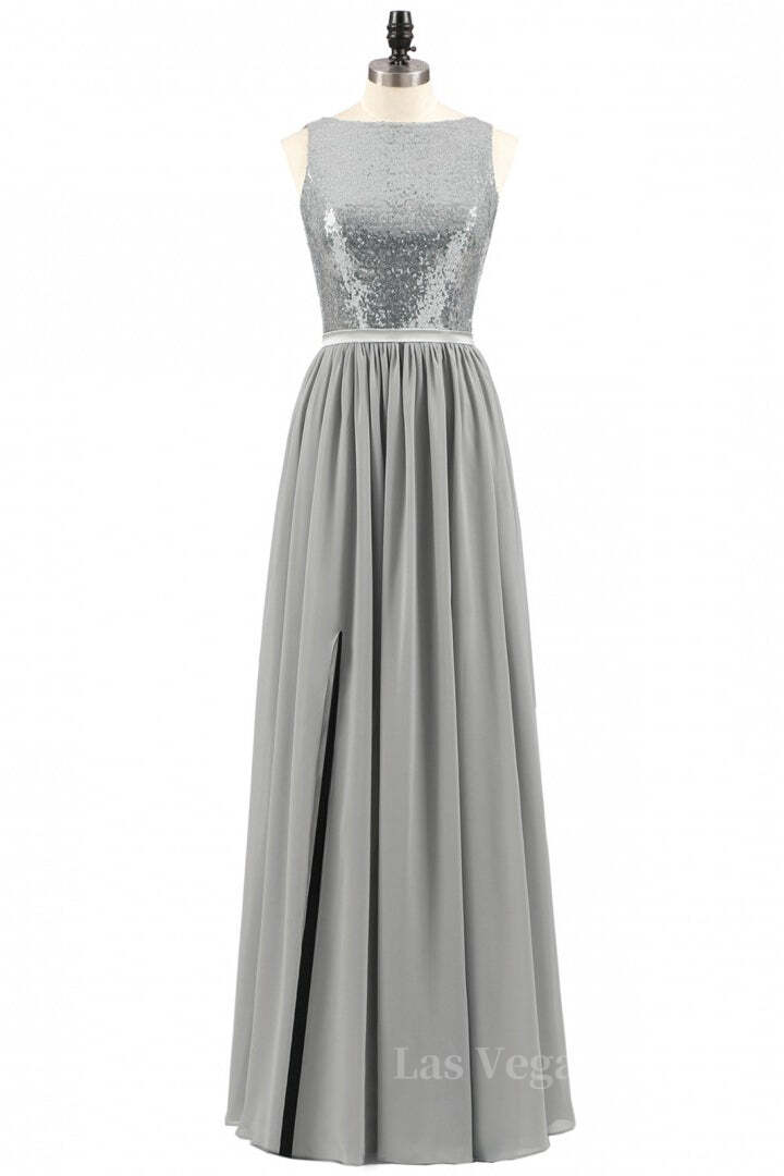 Grey Sequin and Chiffon A-line Long Bridesmaid Dress