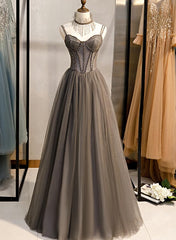 Grey Sweetheart Beaded Straps Long Tulle Prom Dress, Grey A-line Formal Dress Evening Dress