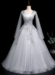 Grey V-neckline Ball Gown with Lace and Flowers Party Dress, Grey Sweet 16 Dress