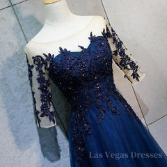 Half Sleeves Navy Blue Long Lace Prom Dresses, Dark Navy Blue Long Lace Formal Bridesmaid Dresses
