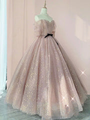 Half Sleeves Shiny Pink Prom Dresses, Shiny Pink Long Formal Evening Dresses