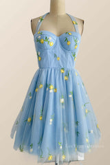Halter Blue Floral Embroidered Short Princess Dress